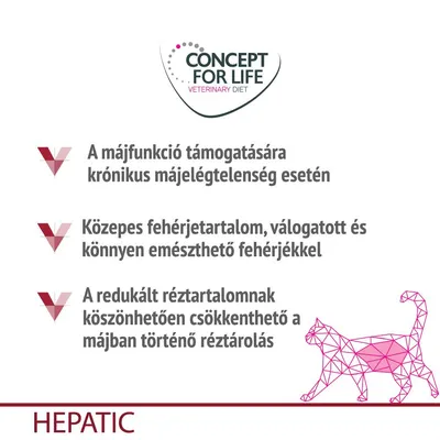 CONCEPT FOR LIFE VETERINARY DIET. A májfunkció támogatására krónikus májelégtelenség esetén, közepes fehérjetartalommal, csökkentett réztartalommal. HEPATIC.