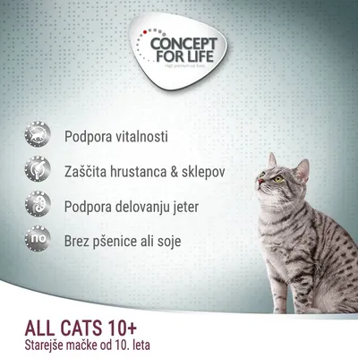 CONCEPT FOR LIFE. Podpora vitalnosti, zaščita hrustanca & sklepov, podpora delovanju jeter, brez pšenice ali soje. ALL CATS 10+, starejše mačke od 10. leta.