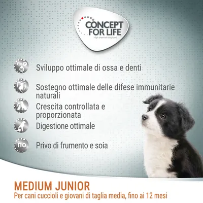 Concept for Life Medium Junior. Sviluppo ottimale di ossa e denti, difese immunitarie, crescita controllata, digestione ottimale, privo di frumento e soia. Per cani cuccioli taglia media fino 12 mesi.
