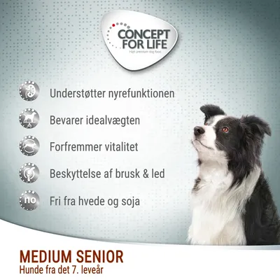 CONCEPT FOR LIFE. Understøtter nyrefunktionen, bevarer idealvægten, forfremmer vitalitet, beskyttelse af brusk & led, fri fra hvede og soja. MEDIUM SENIOR Hunde fra det 7. leveår. CONCEPT FOR LIFE. Understøtter nyrefunktionen, bevarer idealvægten, forfremmer vitalitet, beskyttelse af brusk & led, fri fra hvede og soja. MEDIUM SENIOR Hunde fra det 7. leveår.