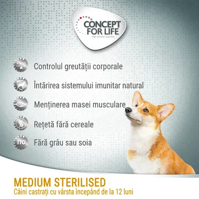 Concept for Life Medium Sterilised. Controlul greutății corporale, întărirea sistemului imunitar natural, menținerea masei musculare, rețetă fără cereale, fără grâu sau soia.