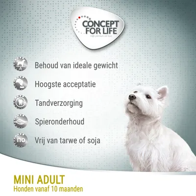 CONCEPT FOR LIFE. Behoud van ideale gewicht, hoogste acceptatie, tandverzorging, spieronderhoud, vrij van tarwe of soja. MINI ADULT Honden vanaf 10 maanden.