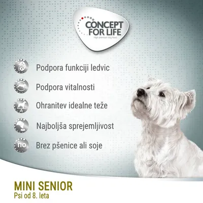 CONCEPT FOR LIFE. Podpora funkciji ledvic, podpora vitalnosti, ohranitev idealne teže, najboljša sprejemljivost, brez pšenice ali soje. MINI SENIOR Psi od 8. leta.