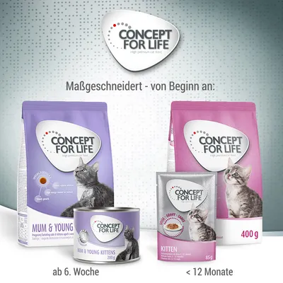Concept for Life hrana za mačke za mačiće i mlade mačke. Od 6. tjedna: Mum & Young Kittens, do <12 mjeseci: Kitten. Pakiranja: 200g konzerva, 85g vrećica, 400g vreća.
