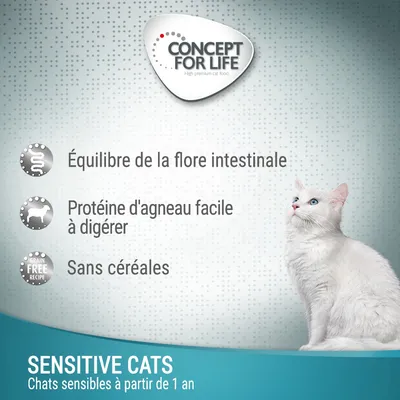Concept for Life. Équilibre de la flore intestinale, protéine d’agneau facile à digérer, sans céréales. Sensitive Cats, chats sensibles à partir de 1 an.