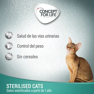 Concept for Life. Salud de las vías urinarias, control del peso, sin cereales. STERILISED CATS: Gatos esterilizados a partir de 1 año. Imagen de un gato sentado.