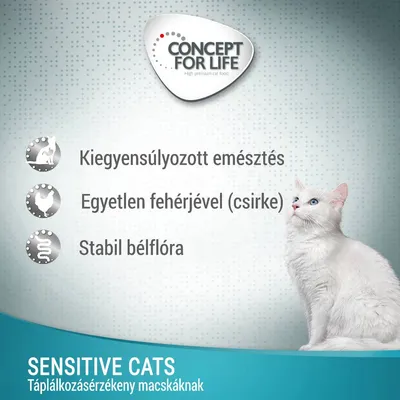 CONCEPT FOR LIFE. Kiegyensúlyozott emésztés, egyetlen fehérjével (csirke), stabil bélflóra. SENSITIVE CATS – Táplálkozásérzékeny macskáknak.