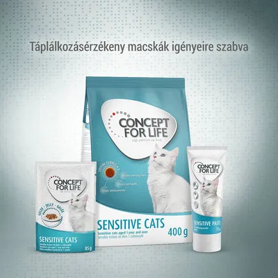 CONCEPT FOR LIFE Sensitive Cats macskaeledel csomagolások: 400 g száraztáp, 85 g alutasakos eledel, 75 g paszta. Felirat: Táplálkozásérzékeny macskák igényeire szabva.