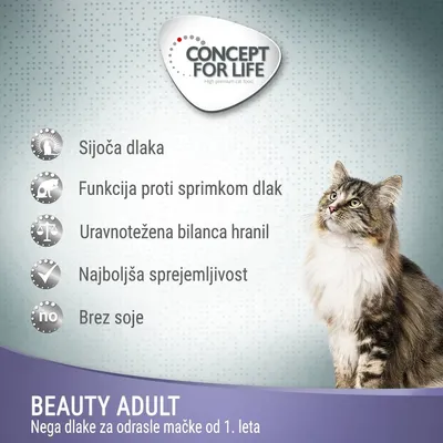 CONCEPT FOR LIFE. Sijoča dlaka, funkcija proti sprimkom dlak, uravnotežena bilanca hranil, najboljša sprejemljivost, brez soje. BEAUTY ADULT – nega dlake za odrasle mačke od 1. leta.