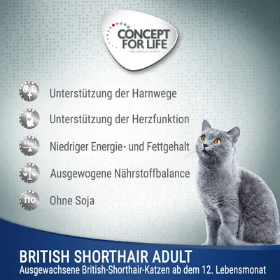 Concept for Life British Shorthair Adult. Podpora močových ciest, srdcovej funkcie, nízky obsah energie a tuku, vyvážená živinová rovnováha, bez sóje. Od 12. mesiaca.