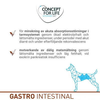 Concept for Life Veterinary Diet Gastro Intestinal: för minskning av akuta absorptionsstörningar i tarmsystemet och motverkande av dålig matsmältning hos hund. Text på svenska. Concept for Life Veterinary Diet Gastro Intestinal: för minskning av akuta absorptionsstörningar i tarmsystemet och motverkande av dålig matsmältning hos hund. Text på svenska.