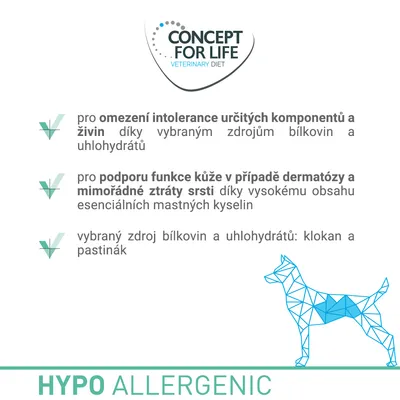 CONCEPT FOR LIFE VETERINARY DIET. Omezení intolerance složek, podpora kůže při dermatóze a ztrátě srsti, zdroj bílkovin a sacharidů: klokan a pastinák. HYPO ALLERGENIC.