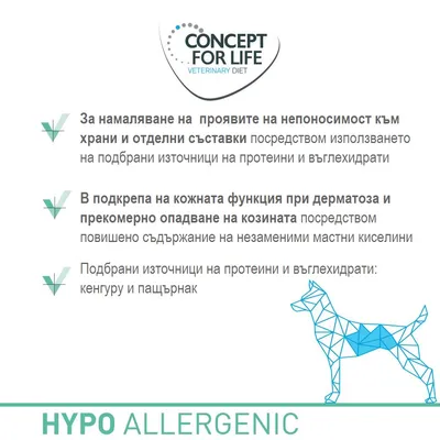 CONCEPT FOR LIFE VETERINARY DIET. За намаляване на проявите на непоносимост към храни и съставки. В подкрепа на кожната функция при дерматоза. HYPO ALLERGENIC.