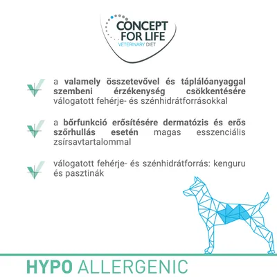 CONCEPT FOR LIFE VETERINARY DIET. a valamely összetevővel és táplálóanyaggal szembeni érzékenység csökkentésére, bőr funkció erősítésére, válogatott fehérje- és szénhidrátforrás: kenguru, pasztinák. HYPO ALLERGENIC