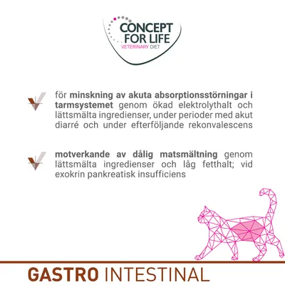 CONCEPT FOR LIFE VETERINARY DIET. För minskning av akuta absorptionsstörningar i tarmsystemet och motverkande av dålig matsmältning. GASTRO INTESTINAL.