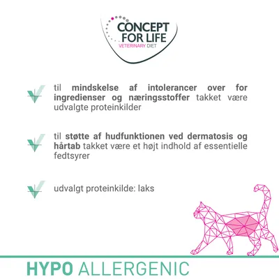 CONCEPT FOR LIFE VETERINARY DIET. Mindskelse af intolerancer over for ingredienser og næringsstoffer, støtte af hudfunktionen ved dermatosis og hårtab, udvalgt proteinkilde: laks. HYPO ALLERGENIC