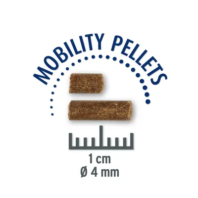 Mobility Pellets, дължина 1 см, диаметър 4 мм. Изобразяване на размера на пелетите с мащаб.