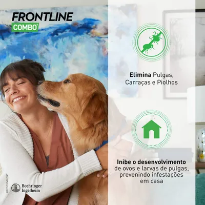 FRONTLINE Combo. Elimina pulgas, carraças e piolhos. Inibe o desenvolvimento de ovos e larvas de pulgas, prevenindo infestações em casa. Boehringer Ingelheim.