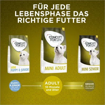 Concept for Life Hundefutter für jede Lebensphase: Mini Puppy & Junior bis 10 Monate, Mini Adult ab 10 Monate, Mini Senior ab 8. Lebensjahr.