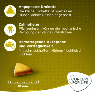 Angepasste Krokette für kleine Hunderassen, Zahnpflege durch Pflanzenfasern, hervorragende Akzeptanz mit Hühnerfrischfleisch und Reis. Grösse der Krokette: 10 mm. Concept for Life Logo sichtbar.