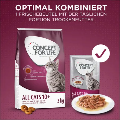 Concept for Life All Cats 10+ Trockenfutter 3kg und Frischebeutel. Optimal kombiniert: 1 Frischebeutel mit der täglichen Portion Trockenfutter für ältere Katzen ab dem 10. Lebensjahr.