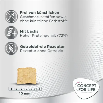 Frei von künstlichen Geschmacks- und Farbstoffen, mit Lachs (72% Proteingehalt), getreidefreie Rezeptur. Stückgrösse: 10 mm. Concept for Life Logo sichtbar.