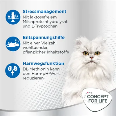 Stressmanagement mit laktosefreiem Milchproteinhydrolysat, Entspannungshilfe mit pflanzlichen Inhaltsstoffen, Harnwegsfunktion durch DL-Methionin. Concept for Life Logo.