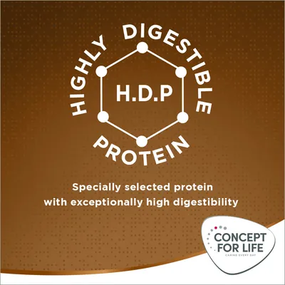 Highly digestible protein, H.D.P. Specially selected protein with exceptionally high digestibility. Concept for Life.