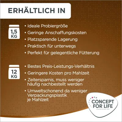 Erhältlich in 1,5 kg: ideale Probiergröße, platzsparend, praktisch für unterwegs. Erhältlich in 12 kg: bestes Preis-Leistungs-Verhältnis, umweltschonend, weniger Verpackungsplastik je Mahlzeit.