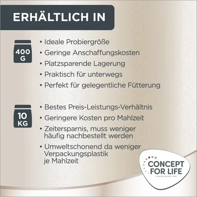 Erhältlich in 400g: ideale Probiergrösse, praktisch für unterwegs. Erhältlich in 10kg: bestes Preis-Leistungs-Verhältnis, umweltschonend durch weniger Verpackungsplastik je Mahlzeit.