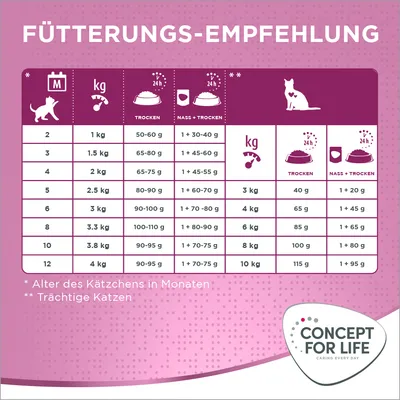 Fütterungsempfehlung für Katzen: Tabelle mit Angaben zu Alter in Monaten, Gewicht in kg und täglicher Futtermenge (trocken, nass + trocken). Hinweise für trächtige Katzen. Marke: Concept for Life.