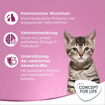 Harmonisches Wachstum: Hochverdauliche Proteine und angepasster Nährstoffmix. Gehirnentwicklung: Omega-3-Fettsäuren aus Lachsöl. Abwehrkräfte: Vitamin- und Antioxidantienkomplex.