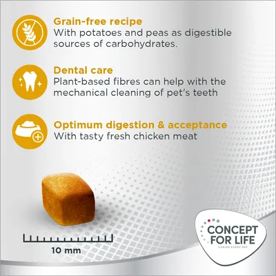 Tekst na engleskom: Grain-free recipe, Dental care, Optimum digestion & acceptance. Prikaz kockastog komadića hrane veličine 10 mm. Brand: Concept for Life.