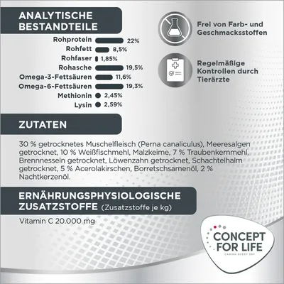 Analyse nutritionnelle : protéines 22 %, matières grasses 8,5 %, fibres 1,85 %, cendres 19,5 %, oméga-3 11,6 %, oméga-6 19,3 %. Ingrédients principaux et vitamine C 20 000 mg. Concept for Life.