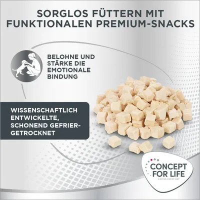 Sorglos füttern mit funktionalen Premium-Snacks. Belohne und stärke die emotionale Bindung. Wissenschaftlich entwickelt, schonend gefriergetrocknet. Concept for Life Logo.