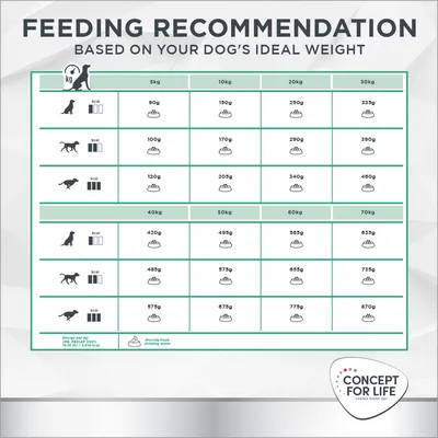 Feeding recommendation chart showing daily food amounts in grams for different dog weights and activity levels. Includes icons for weight, kcal, and reminder to provide fresh water.