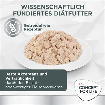 WISSENSCHAFTLICH FUNDIERTES DIÄTFUTTER, Getreidefreie Rezeptur, Beste Akzeptanz und Verträglichkeit durch den Einsatz hochwertiger Fleischrohwaren, Concept for Life