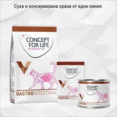 CONCEPT FOR LIFE Veterinary Diet GASTROINTESTINAL суха и мокра храна, опаковки с изображение на котка. CONCEPT FOR LIFE Veterinary Diet GASTROINTESTINAL суха и мокра храна, опаковки с изображение на котка.