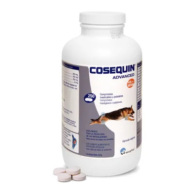 Cosequin Advanced con HA y MSM, 250 comprimidos masticables. Suplemento para protección articular en perros. Peso neto: 550g. Fórmula vegetal.
