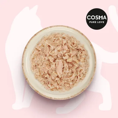 Cosma Pure Love. Skål med strimlat kött på rosa bakgrund med kattkontur.