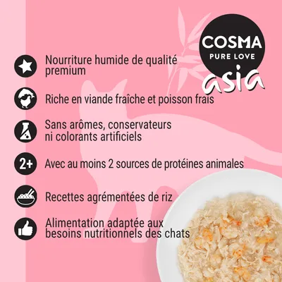 COSMA PURE LOVE asia. Nourriture humide premium, riche en viande fraîche et poisson frais, sans arômes/conservateurs/colorants artificiels, au moins 2 protéines animales, avec riz, pour chats.