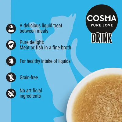 Cosma Pure Love Drink: liquid treat between meals, meat or fish in broth, supports healthy liquid intake, grain-free, no artificial ingredients.