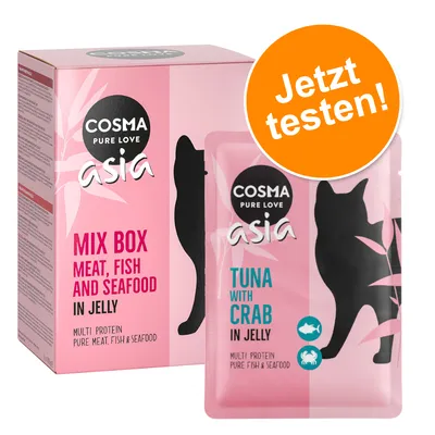 Cosma Asia Mix Box mit Fleisch, Fisch und Meeresfrüchten in Gelee. Probierpackung: Thunfisch mit Krabbe in Gelee. Jetzt testen!