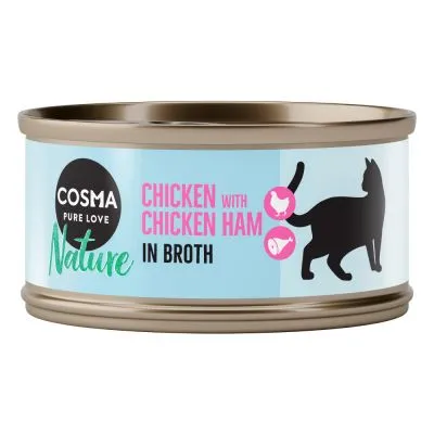 Cosma Pure Love Nature, Chicken with Chicken Ham in Broth, lattina con silhouette di gatto e icone pollo e prosciutto di pollo. Testo in inglese sull'etichetta.