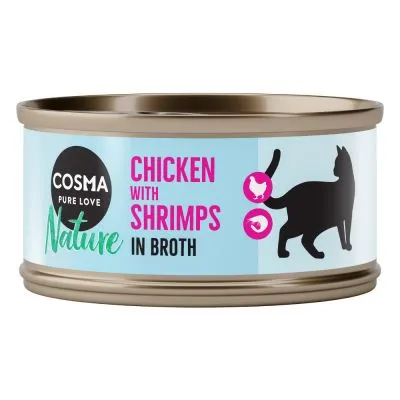 Cosma Pure Love Nature, Chicken with Shrimps in Broth, lattina con silhouette di gatto e icone pollo e gambero. Testo in inglese sull'etichetta.