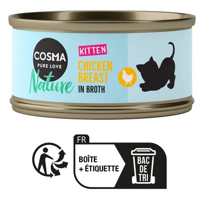 Cosma Pure Love Nature Kitten Chicken Breast in Broth, boîte avec silhouette de chaton et poulet. Pictogramme : FR boîte + étiquette bac de tri.