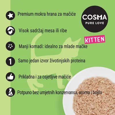COSMA PURE LOVE KITTEN. Premium mokra hrana za mačiće, visok sadržaj mesa ili ribe, manji komadi, jedan izvor životinjskih proteina, bez umjetnih konzervansa, aroma i bojila.
