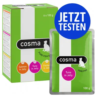 cosma Pure Fish & Meat Multipack 6 x 100g, Sorten: 2x Salmon in Jelly, 2x Tuna in Jelly, 2x Chicken in Jelly. Aufdruck: JETZT TESTEN.