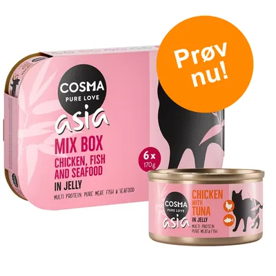 COSMA PURE LOVE asia MIX BOX CHICKEN, FISH AND SEAFOOD IN JELLY 6 x 170 g. Dåse: CHICKEN WITH TUNA IN JELLY. Prøv nu! synlig på orange cirkel.
