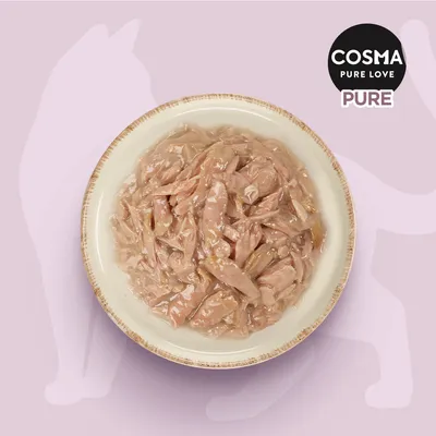 Cosma Pure Love PURE. Schüssel mit zarten Fleischstücken in Sauce, rosa Hintergrund mit Katzenumriss.